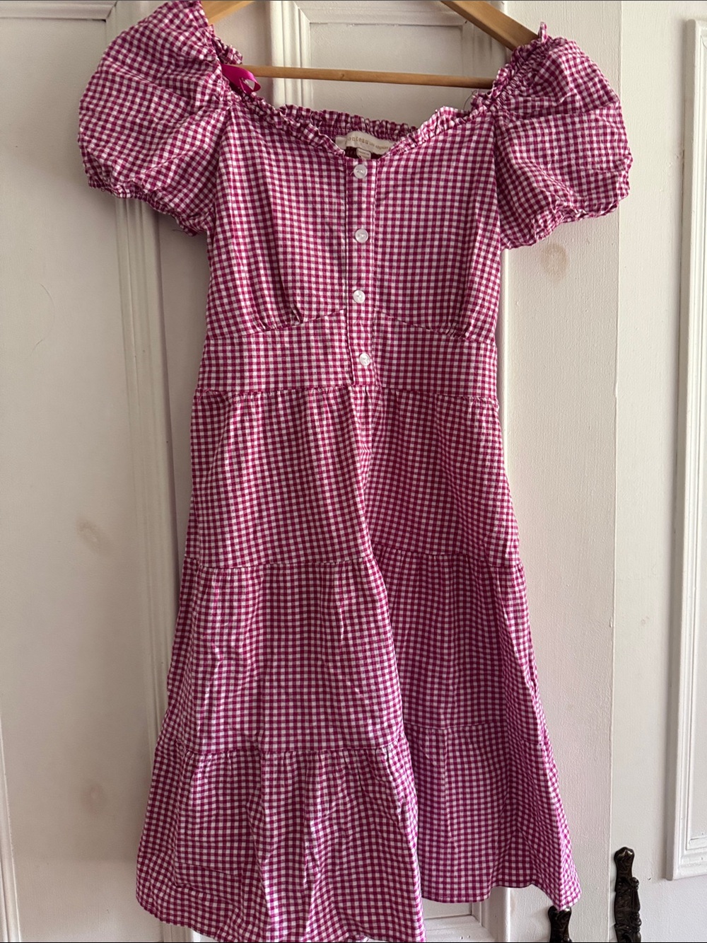 Monteau Pink Gingham Puff-Sleeve Tiered Midi Dress